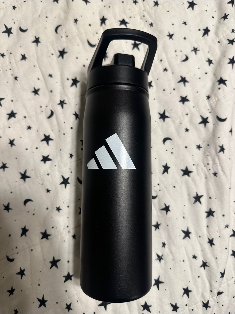 adidas Matte Black Water Bottle with White Logo and Carry Handle